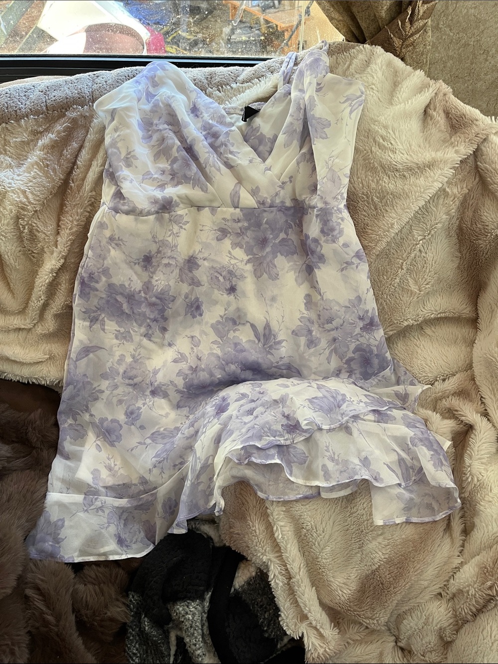 Windsor White Dress with Lilac Floral Print and Ruffle Hem
